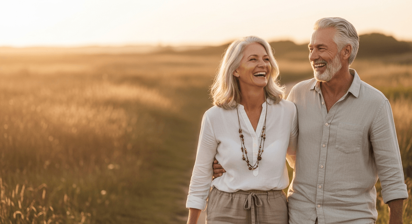 Couple walking a sunlit coastal path, full of vitality